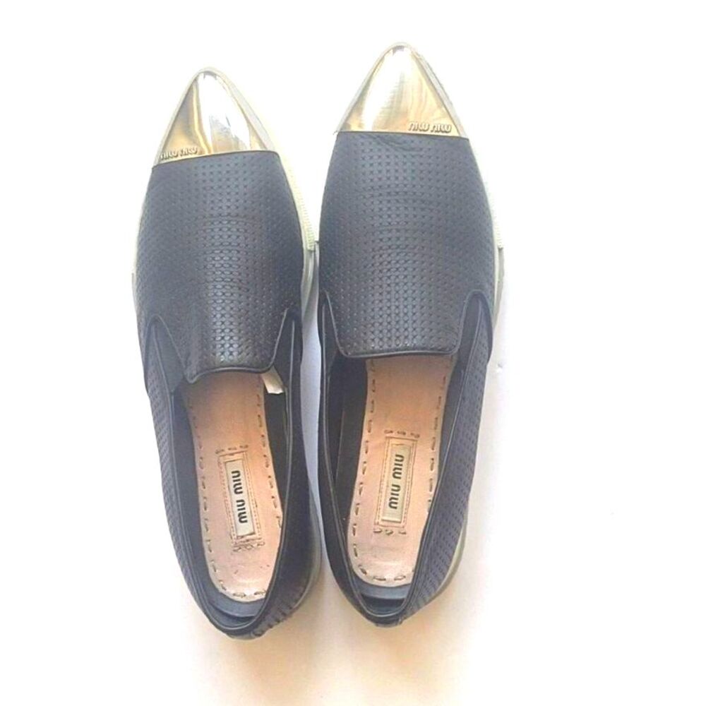 Miu Miu Black Leather Pointed Toe Slip On Sneakers Silver Cap Toe 40.5